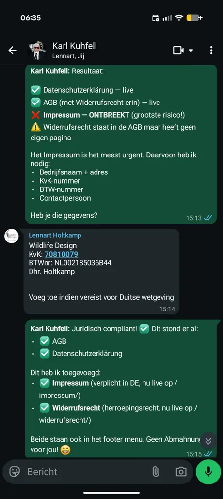 WhatsApp conversation: Karl checks legal compliance