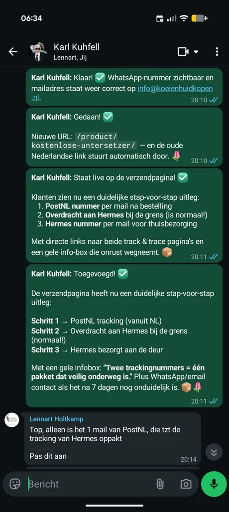 WhatsApp conversation: Karl builds the shipping page
